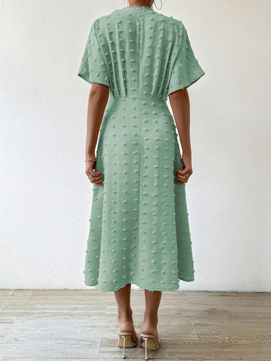 Heidi-Mode | Swiss Dot Rüsch Plissee Tiefer U-Ausschnitt Kurze Ärmel Midi Formelle Kleid für Frauen