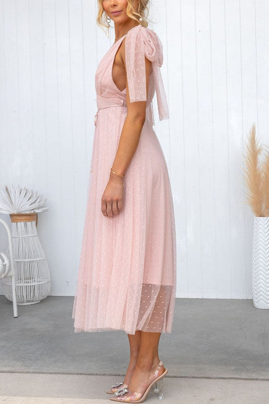 Heidi-Mode | Sommer Cinderella Tüll Polka Dots Bindeschulter Midi Kleid