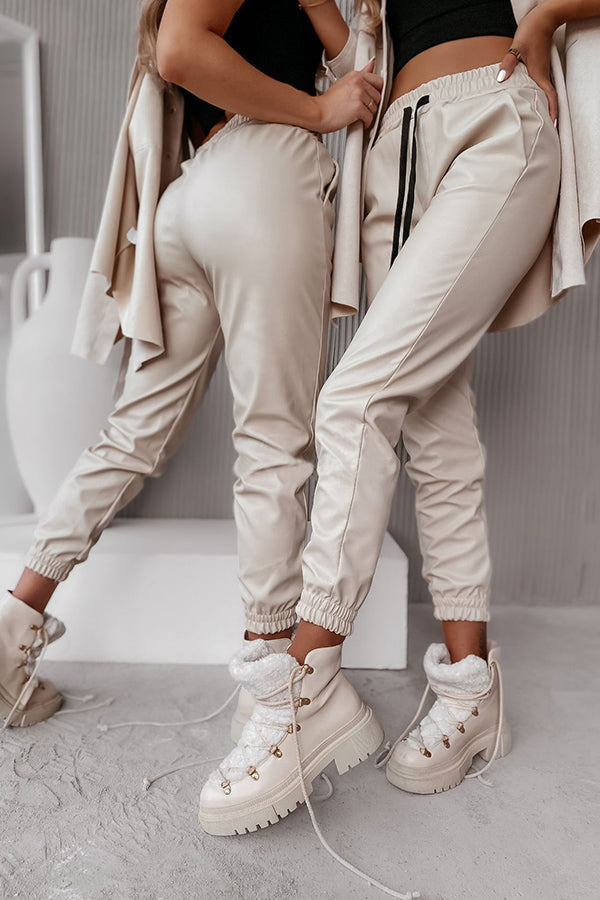Heidi-Mode | Drasilla Faux Leder Elastischer Bund Taschen Jogger
