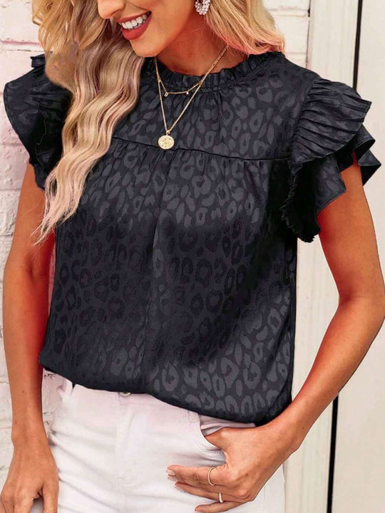 Heidi-Mode | Leopard Frill Mock Neck Rüschenshirt mit Cap Sleeves