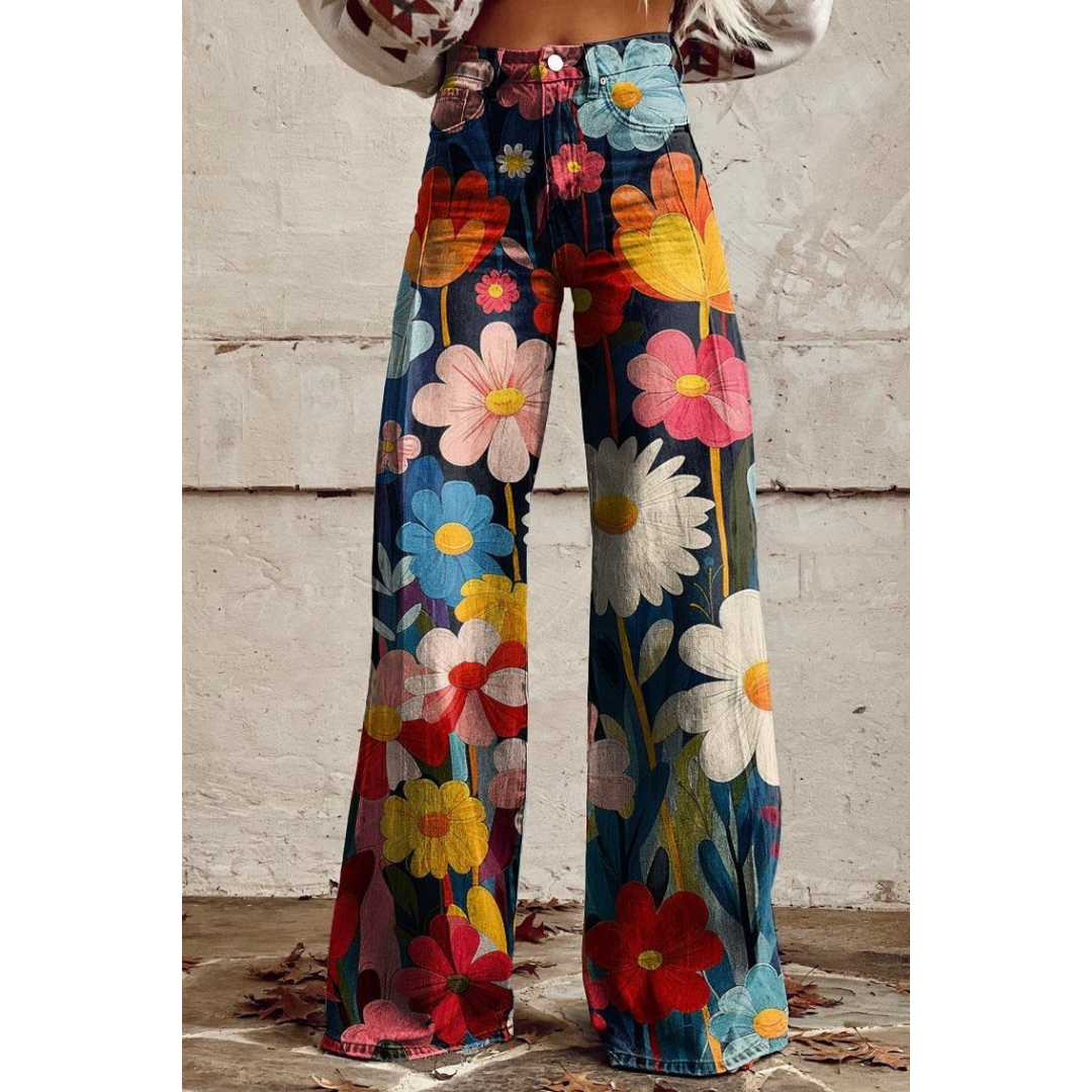 Heidi-Mode | Damen bedruckte Jeanshose Helle Blumen