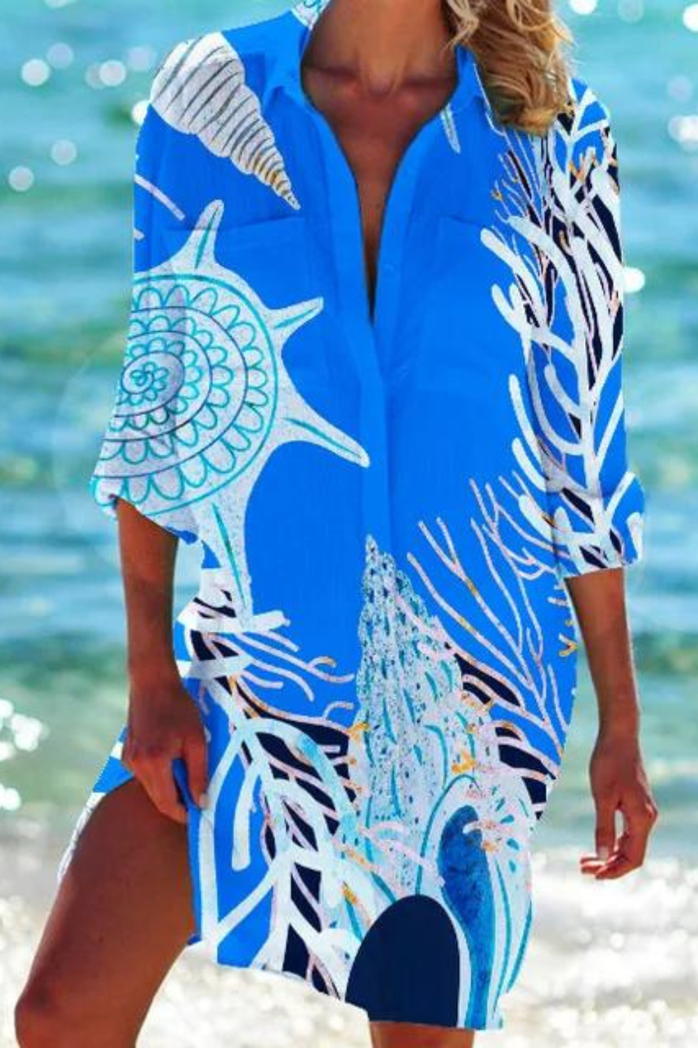 Heidi-Mode - Lange Strandbluse mit Meeresmotiv