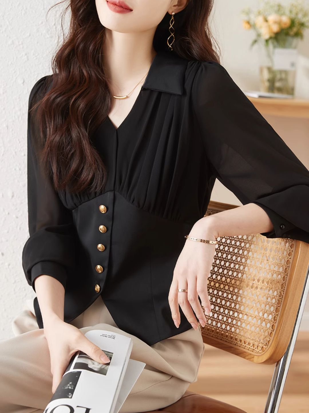 Heidi-Mode | Chiffon Falten Taille Shirt Schwarz