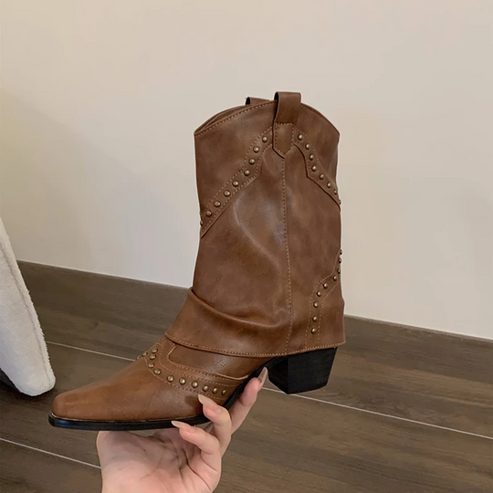Heidi-Mode | Kurze Western Stiefel mit Nieten & Mittelhohem Absatz Damen Cowboy Stiefel