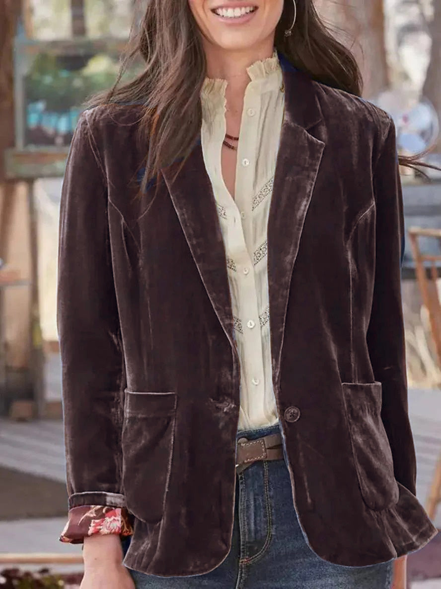 Heidi-Mode | Weinlese Samt Blazer mit Knopfleiste für Damen