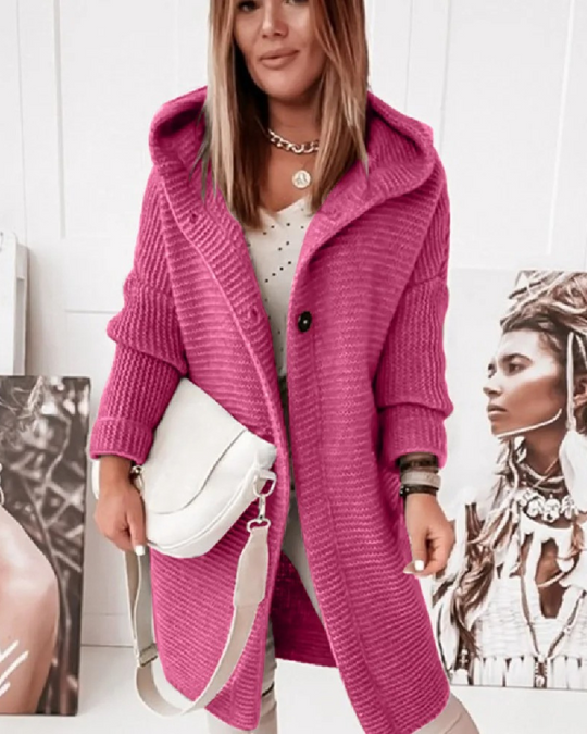 Heidi-Mode | Lange Damen-Weste, Strickjacke mit Kapuze und Knöpfen