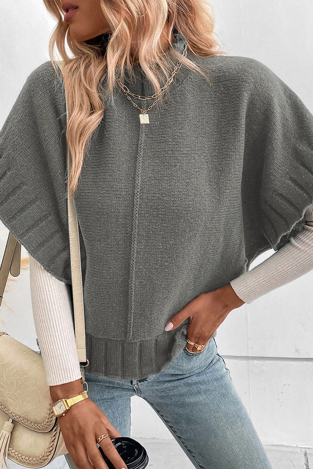 Grey Mock Neck Batwing Kurzarm-Strickpullover