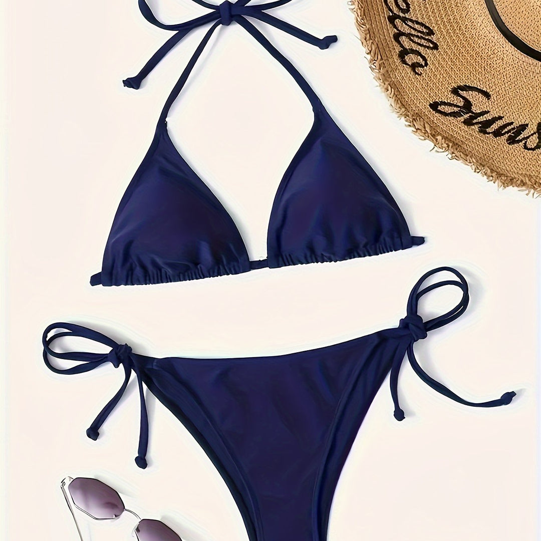 Heidi-Mode | Dunkelblaues Sexy Bikini Satz mit Halter V-Ausschnitt und Nacktem Rücken