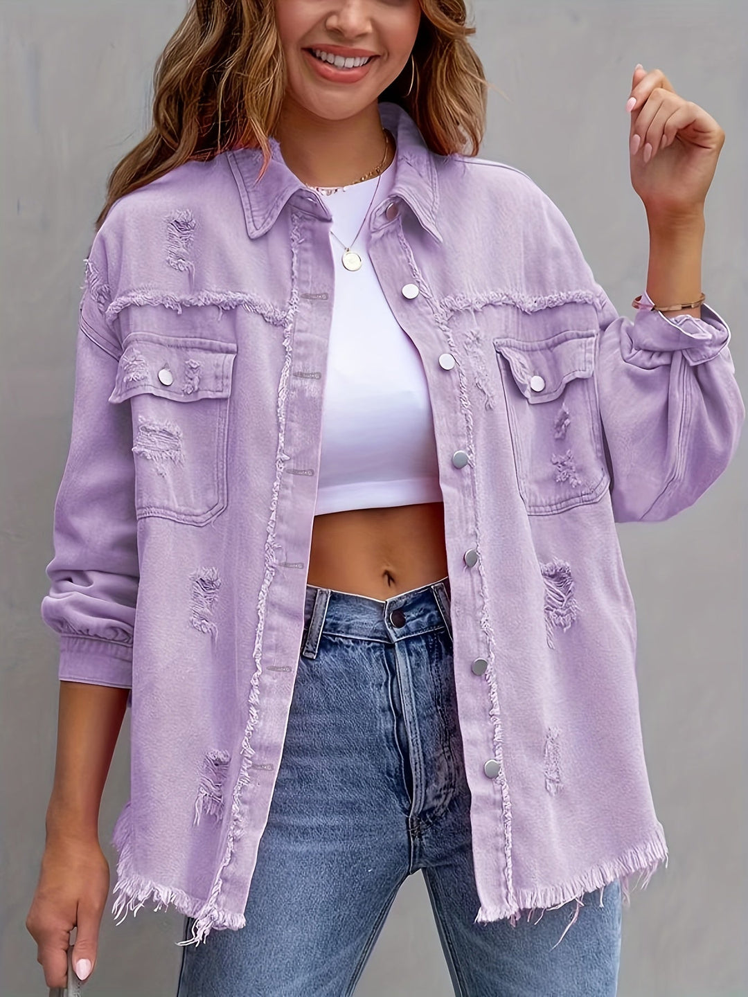 Heidi-Mode | Übergröße Jeansjacke mit Distressed Look Trendiger Denim für Lässige Styles