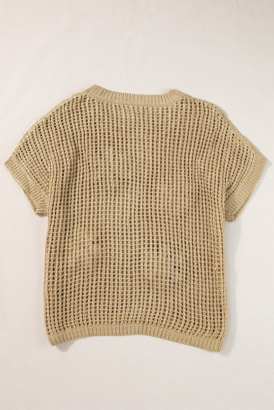 French Beige Häkelblumen-Hohlsaum-Pullover-T-Shirt