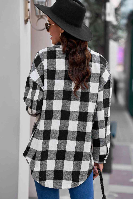 Heidi-Mode | Karo Kurviger Saum Fallende Schulter Langarmhemd Jacke