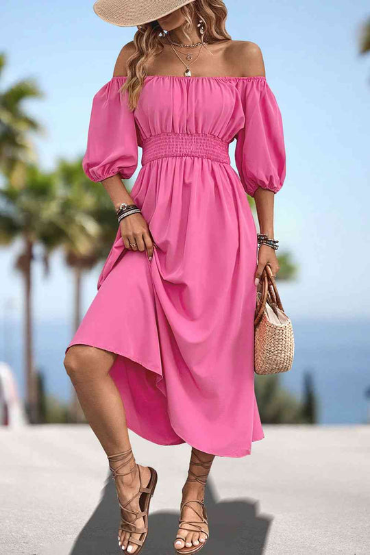 Heidi-Mode | Quadrat-Ausschnitt Geraffte Taille Puffärmeln Midi Kleid