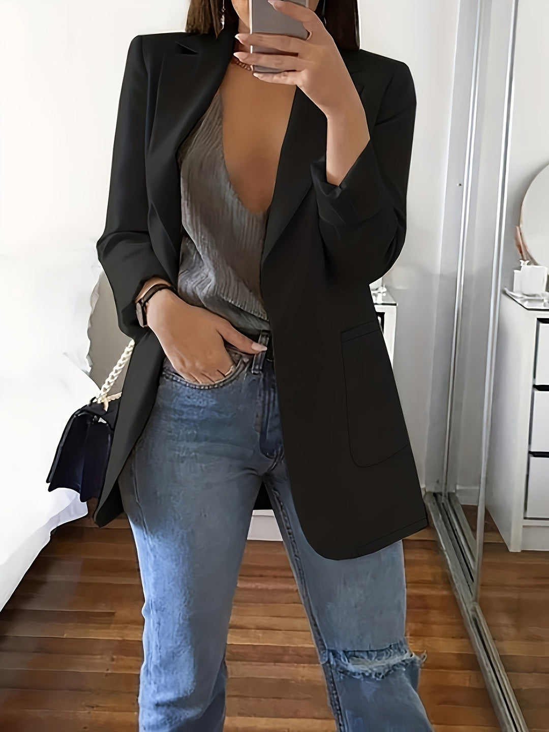 Heidi-Mode | Eleganter Business-Einfarbiger Lange Blazer mit Reversideal für alle Jahreszeiten