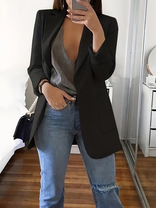 Heidi-Mode | Eleganter Business-Einfarbiger Lange Blazer mit Reversideal für alle Jahreszeiten