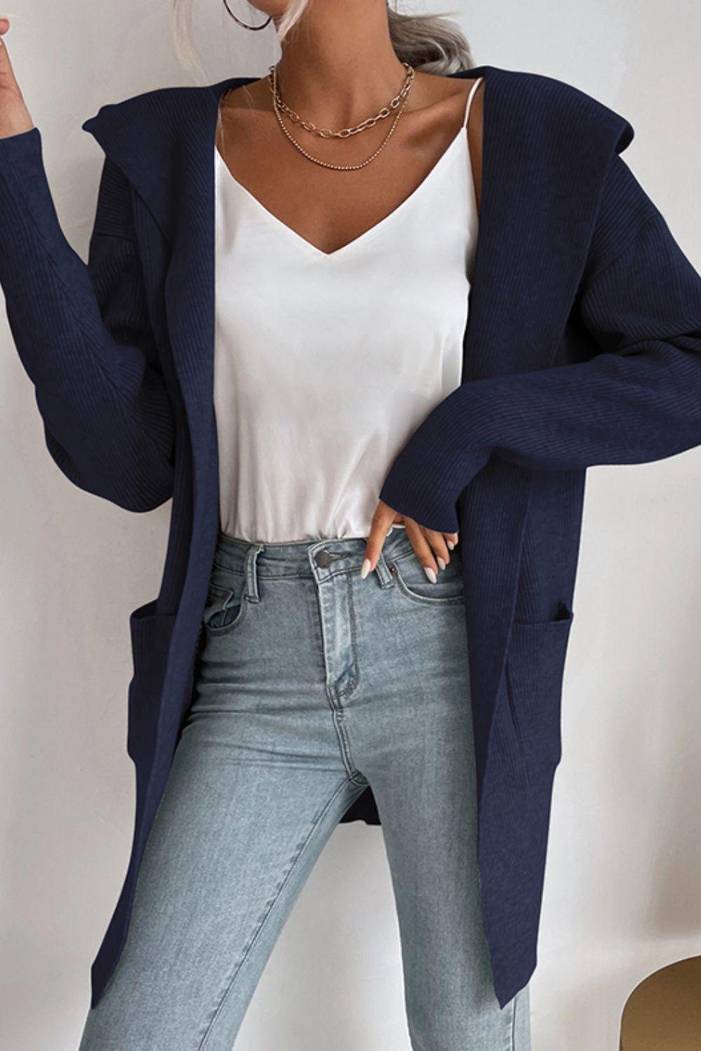 Heidi-Mode | geripptes offen-front Cardigan mit Kapuze und Taschen