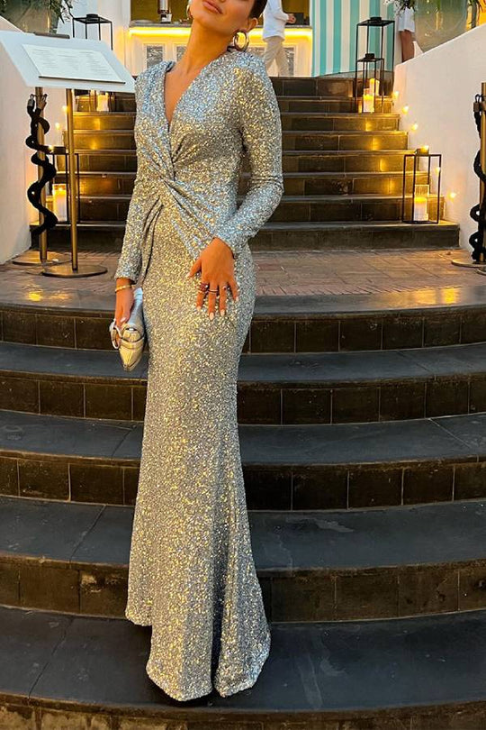 Heidi-Mode | Give Em' Glam Paillettenkleid mit Langen Ärmeln und Gekreuztem Taillendetail Abend-Maxikleid