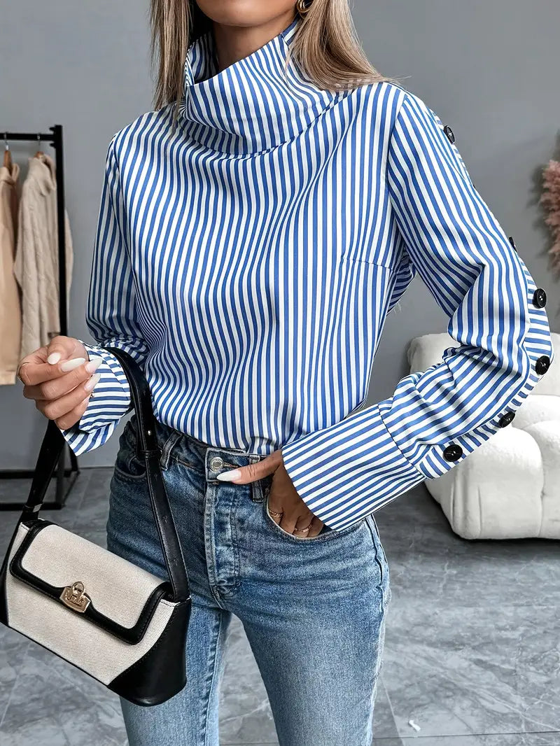 Heidi-Mode | Gestreifte Bluse mit Hohem Kragen