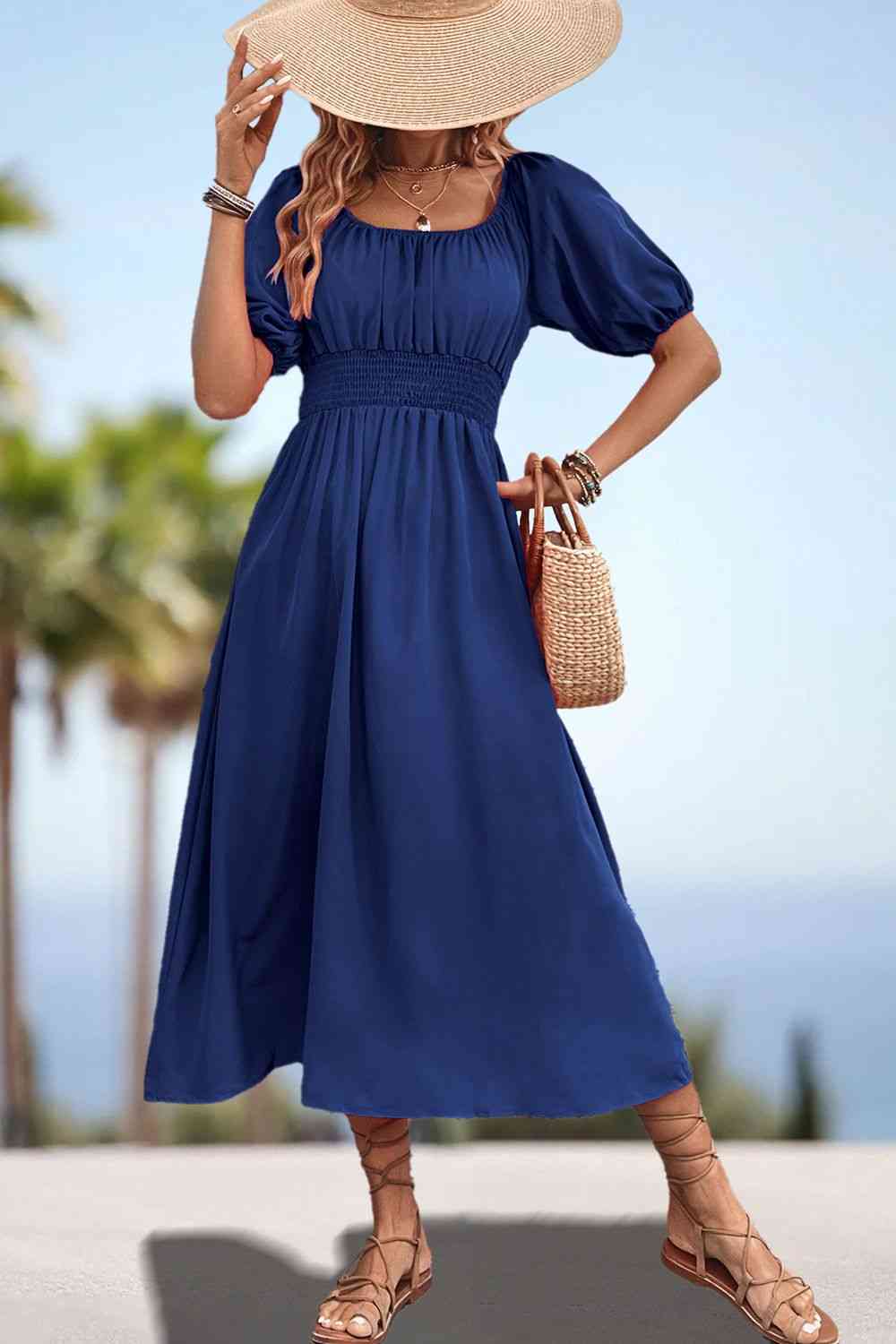 Heidi-Mode | Quadrat-Ausschnitt Geraffte Taille Puffärmeln Midi Kleid