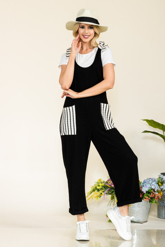 Heidi-Mode | Celeste Full Size Streifen Kontrast Tasche Rippen Overall