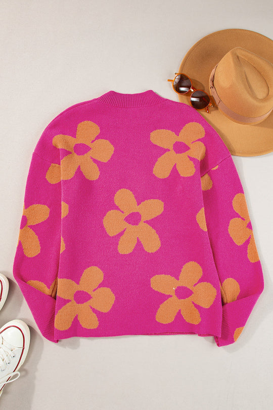 Große Blume Muster Mock Neck Long Sleeve Pullover