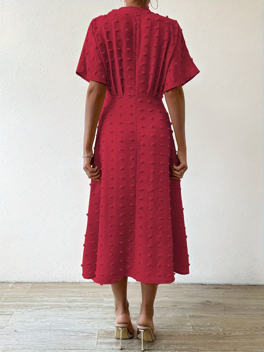 Heidi-Mode | Swiss Dot Rüsch Plissee Tiefer U-Ausschnitt Kurze Ärmel Midi Formelle Kleid für Frauen