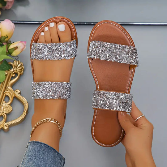 Heidi-Mode | Bequeme Sommerschuhe mit Kristallen, Offene Zehen, Doppelte Riemen, Leicht und Stilvoll