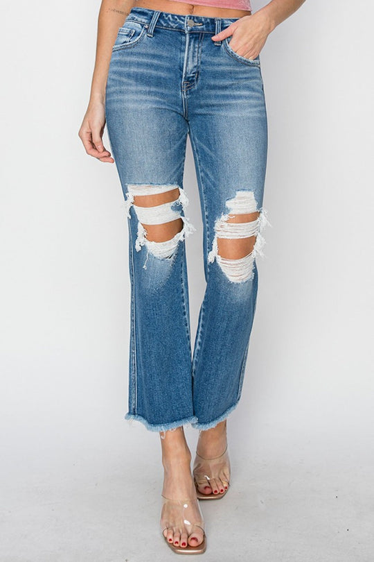 Heidi-Mode | Risen Mid Rise Distressed Cropped Flare Jeans