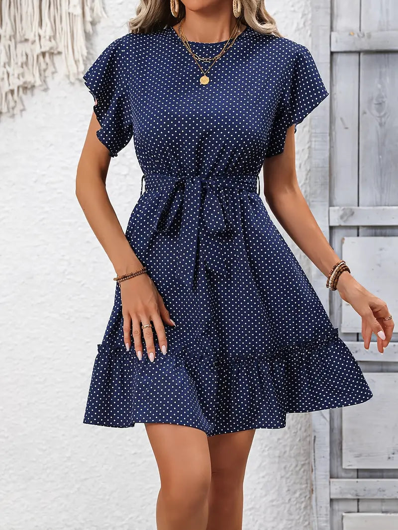 Heidi-Mode | Dunkelblaues Midi Kleid Punkt Elegant Sommerkleid mit Schleife Taille