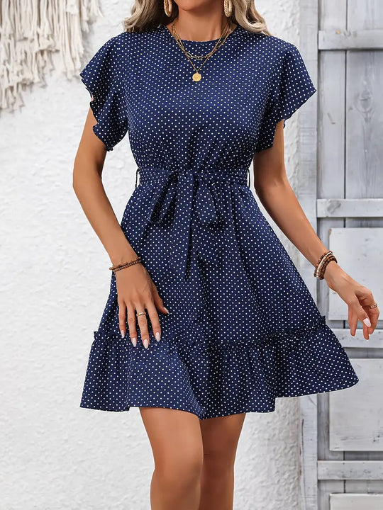 Heidi-Mode | Dunkelblaues Midi Kleid Punkt Elegant Sommerkleid mit Schleife Taille