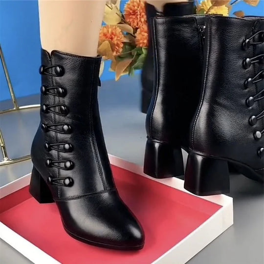 Heidi-Mode | Damen Warme Seitenknopf Leder Stiefeletten