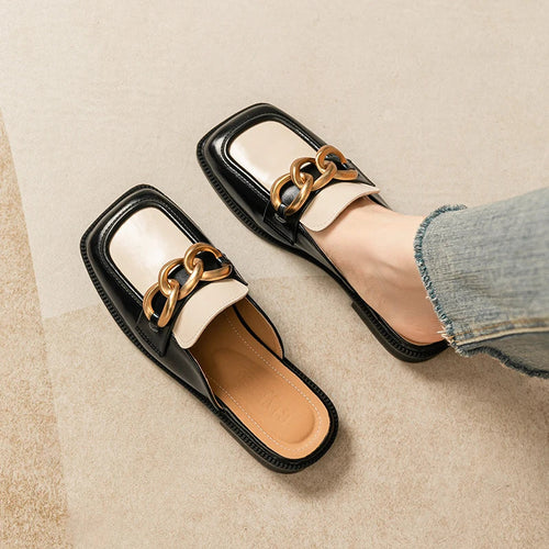 Heidi-Mode | Frühling und Herbst Frauen Tragen Flache Slipper Britischer Stil Fest und Arbeit Verschleiß Metall Kette Design Damen Rutschige Mules