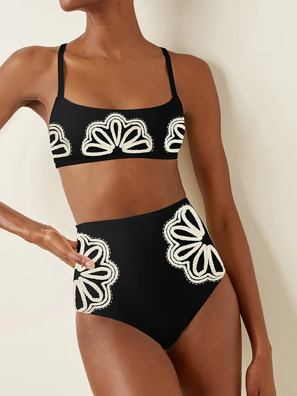 Heidi-Mode | Badeanzug Frauen Schwarz Einfach Print Mode Kleidung Badeanzug Sexy Gedruckt Bikini Hohe Taille Badebekleidung Zwei Teilig und Rock Strandoutfits