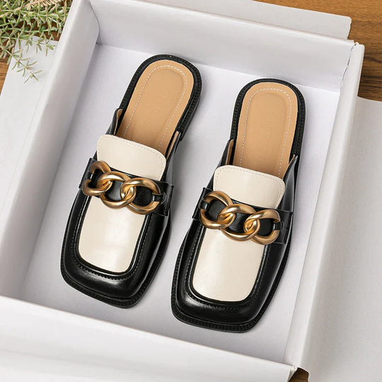 Heidi-Mode | Frühling und Herbst Frauen Tragen Flache Slipper Britischer Stil Fest und Arbeit Verschleiß Metall Kette Design Damen Rutschige Mules