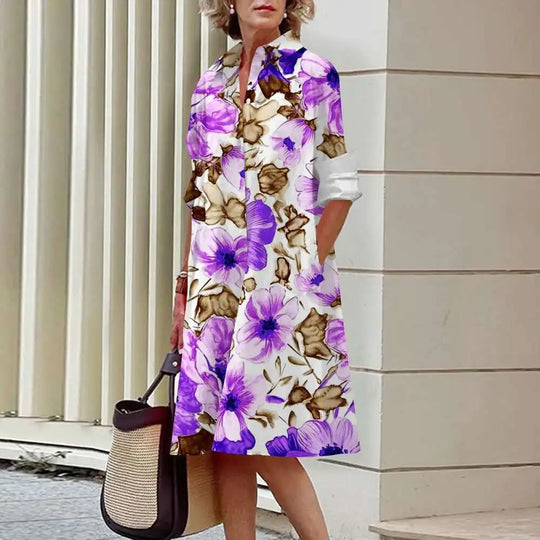 Heidi-Mode | Damen Elegante Hemdblusenkleider Herbstmode Blumen Lange Ärmel Lockere A-Linien Kleider Frauen Büro Damen Rote Grüne Revers Kleider