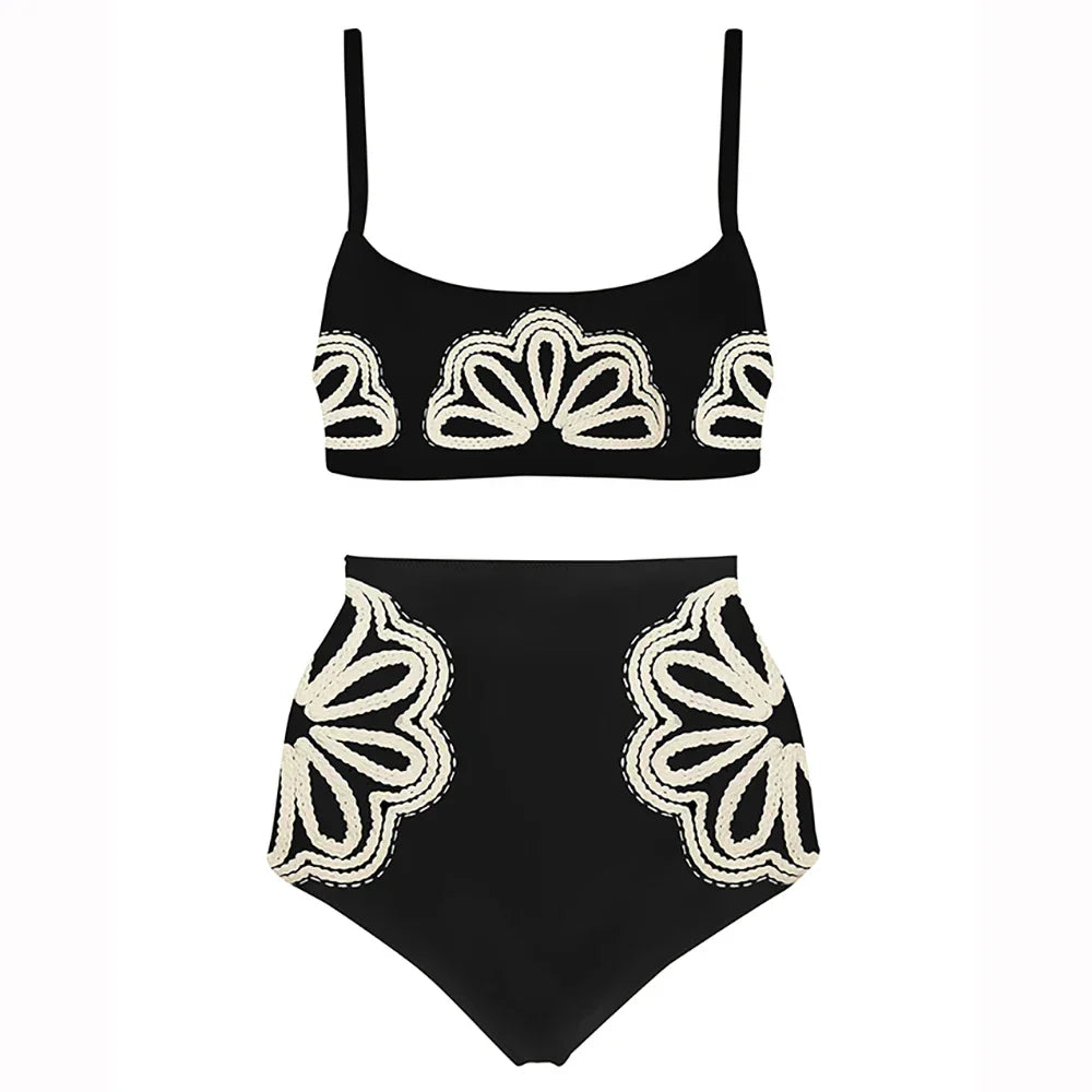 Heidi-Mode | Badeanzug Frauen Schwarz Einfach Print Mode Kleidung Badeanzug Sexy Gedruckt Bikini Hohe Taille Badebekleidung Zwei Teilig und Rock Strandoutfits