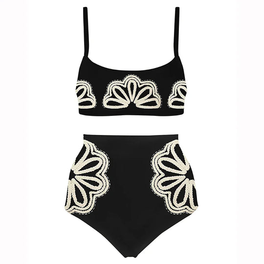 Heidi-Mode | Badeanzug Frauen Schwarz Einfach Print Mode Kleidung Badeanzug Sexy Gedruckt Bikini Hohe Taille Badebekleidung Zwei Teilig und Rock Strandoutfits
