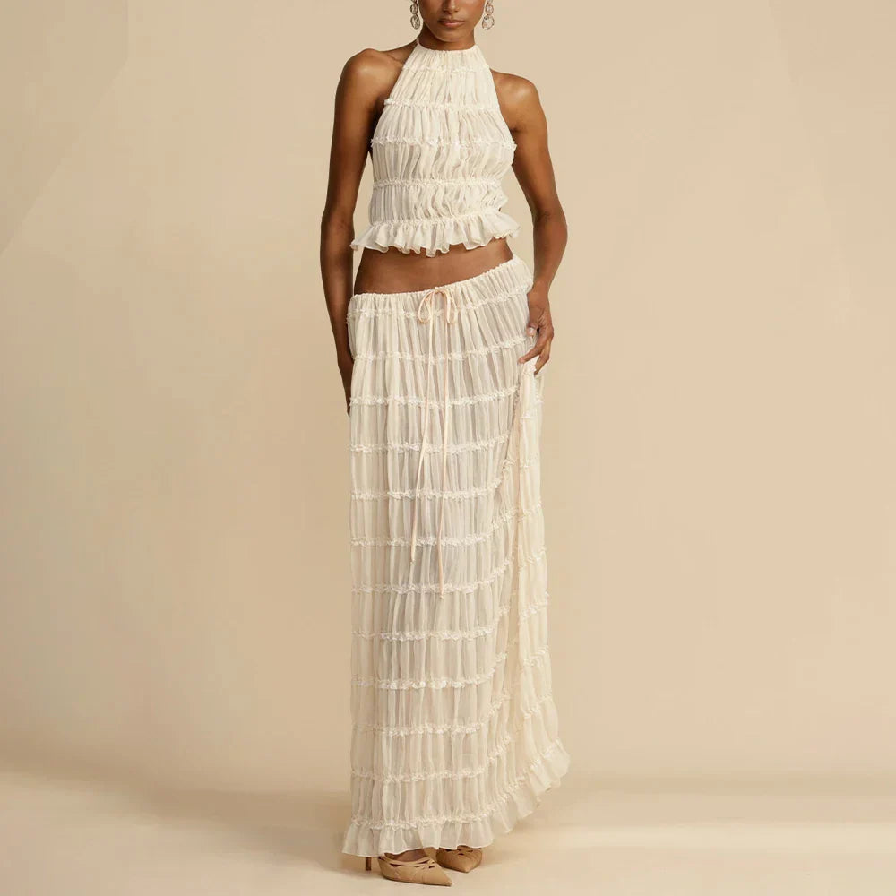 Heidi-Mode | Damen Sommerferien Strand Cover Ups Kleid Set Ärmellos Raffung Halterneck Lange Rock Anzug Top Schnüre Falten Maxi Röcke