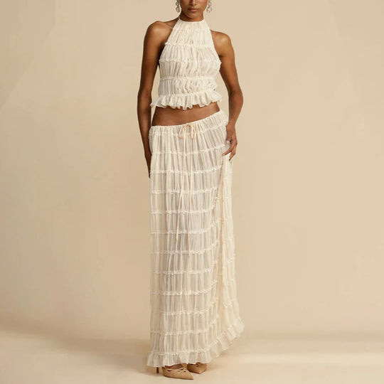 Heidi-Mode | Damen Sommerferien Strand Cover Ups Kleid Set Ärmellos Raffung Halterneck Lange Rock Anzug Top Schnüre Falten Maxi Röcke