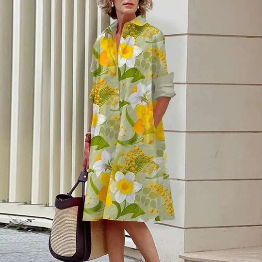Heidi-Mode | Damen Elegante Hemdblusenkleider Herbstmode Blumen Lange Ärmel Lockere A-Linien Kleider Frauen Büro Damen Rote Grüne Revers Kleider