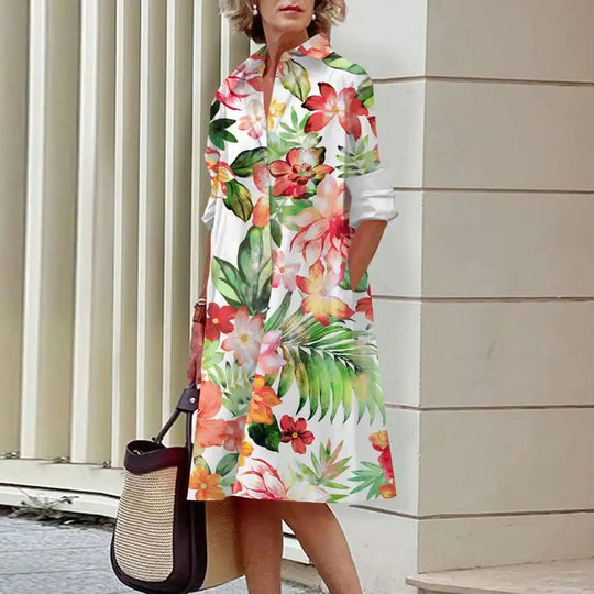 Heidi-Mode | Damen Elegante Hemdblusenkleider Herbstmode Blumen Lange Ärmel Lockere A-Linien Kleider Frauen Büro Damen Rote Grüne Revers Kleider