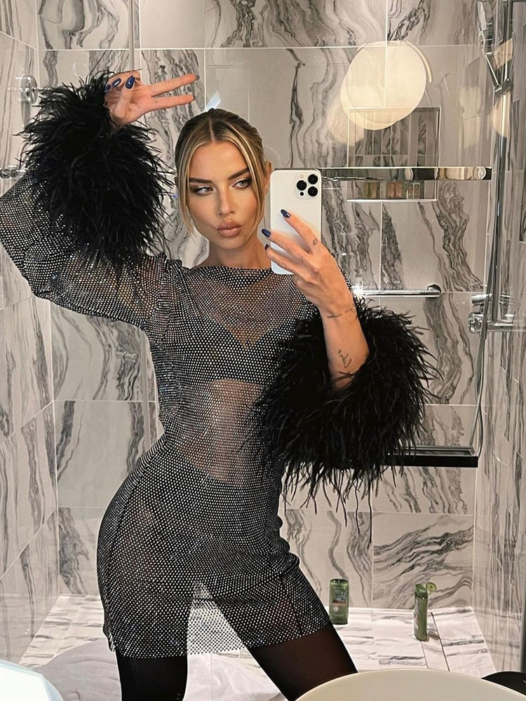 Federverziertes durchsichtiges Partykleid