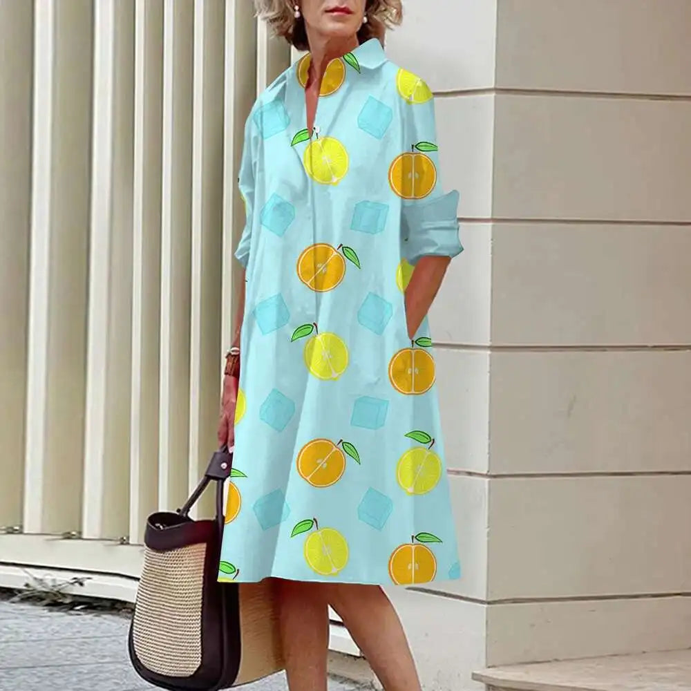 Heidi-Mode | Damen Elegante Hemdblusenkleider Herbstmode Blumen Lange Ärmel Lockere A-Linien Kleider Frauen Büro Damen Rote Grüne Revers Kleider