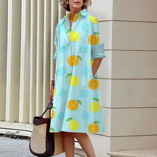 Heidi-Mode | Damen Elegante Hemdblusenkleider Herbstmode Blumen Lange Ärmel Lockere A-Linien Kleider Frauen Büro Damen Rote Grüne Revers Kleider