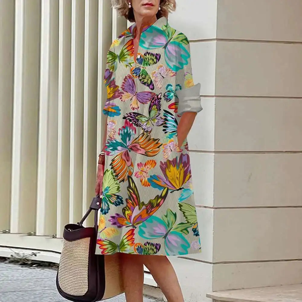 Heidi-Mode | Damen Elegante Hemdblusenkleider Herbstmode Blumen Lange Ärmel Lockere A-Linien Kleider Frauen Büro Damen Rote Grüne Revers Kleider