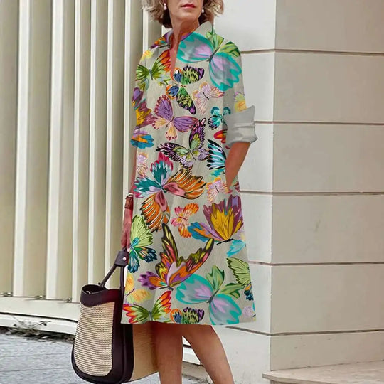 Heidi-Mode | Damen Elegante Hemdblusenkleider Herbstmode Blumen Lange Ärmel Lockere A-Linien Kleider Frauen Büro Damen Rote Grüne Revers Kleider