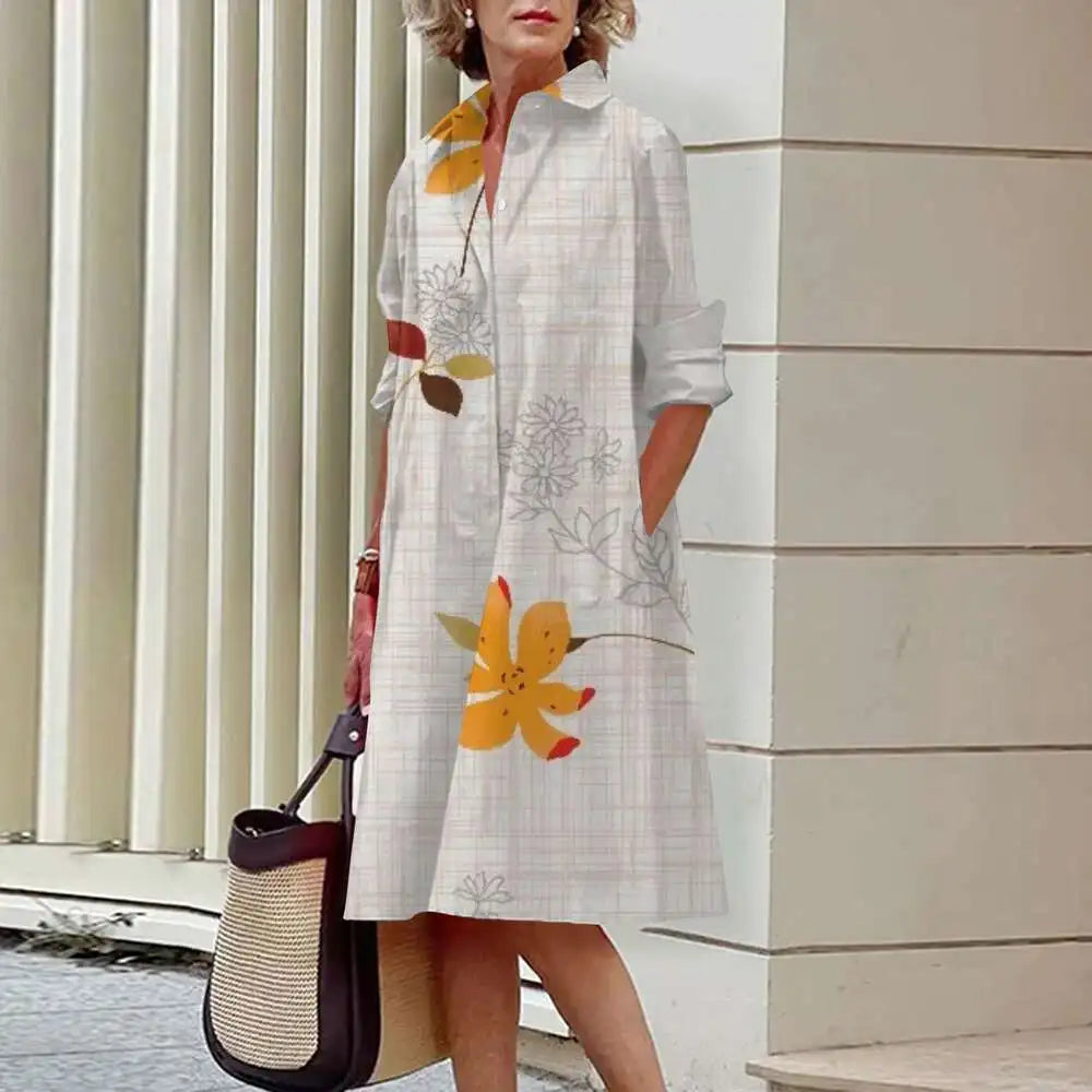 Heidi-Mode | Damen Elegante Hemdblusenkleider Herbstmode Blumen Lange Ärmel Lockere A-Linien Kleider Frauen Büro Damen Rote Grüne Revers Kleider