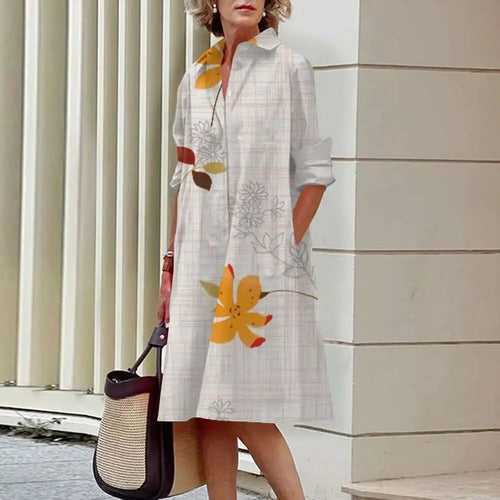 Heidi-Mode | Damen Elegante Hemdblusenkleider Herbstmode Blumen Lange Ärmel Lockere A-Linien Kleider Frauen Büro Damen Rote Grüne Revers Kleider