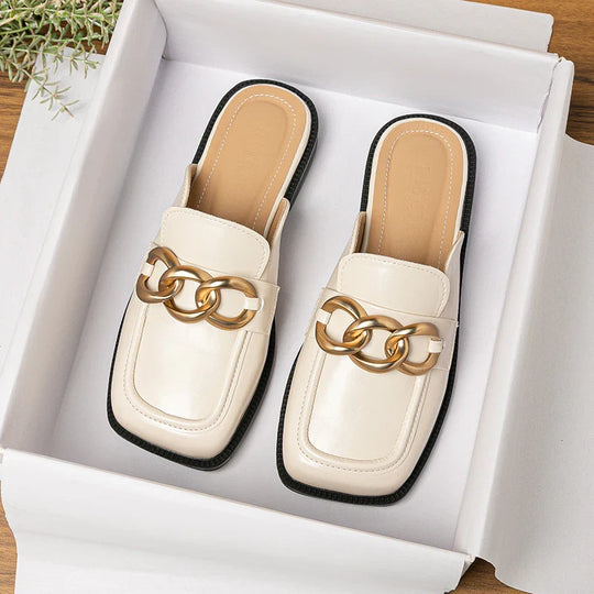Heidi-Mode | Frühling und Herbst Frauen Tragen Flache Slipper Britischer Stil Fest und Arbeit Verschleiß Metall Kette Design Damen Rutschige Mules