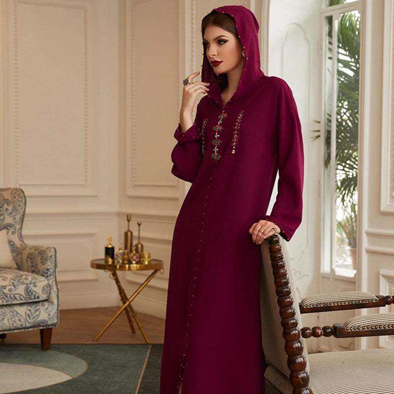 Heidi-Mode | Handgefertigter Strass Kapuzen Weinrote Femme Djellaba Frauen Abaya Kaftan Kleid Jalaba