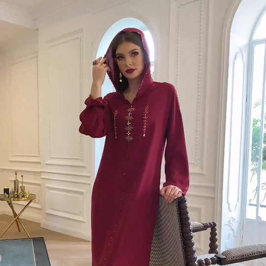 Heidi-Mode | Handgefertigter Strass Kapuzen Weinrote Femme Djellaba Frauen Abaya Kaftan Kleid Jalaba